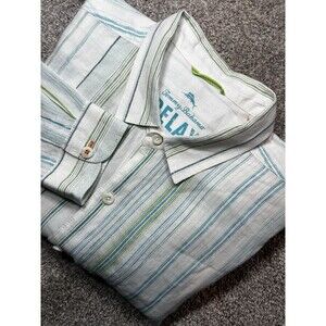 Tommy Bahama Relax Shirt Mens XL Green Blue Striped 100% Linen Long Sleeve
